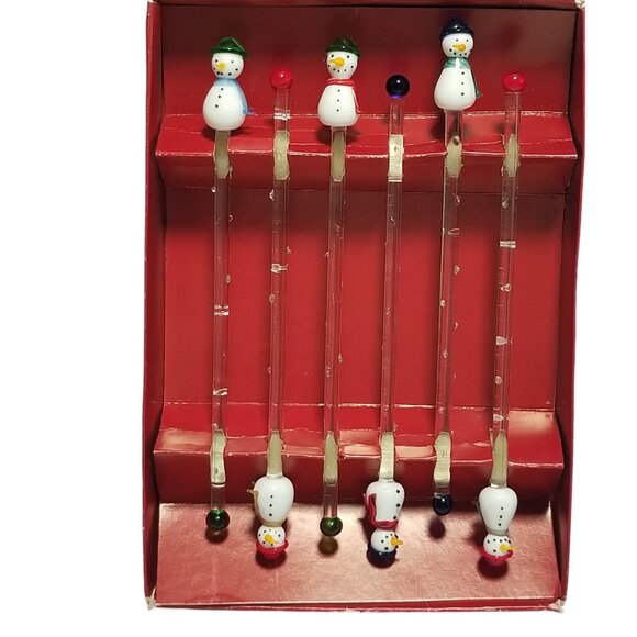 Glass Swizzle Sticks Set-6 Frosty Snowman Holiday's Barware Collection Boston - Picture 10 of 12